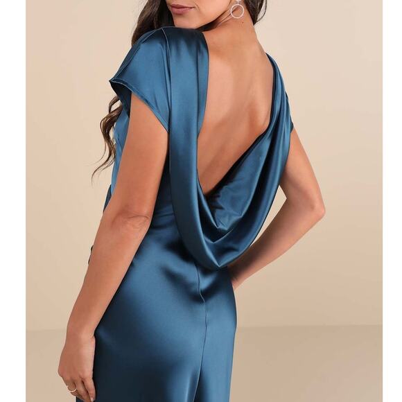 Lulus NWT Captivating Presence Dark Teal Satin Cowl Back Maxi Dress Medium - Picture 7 of 10